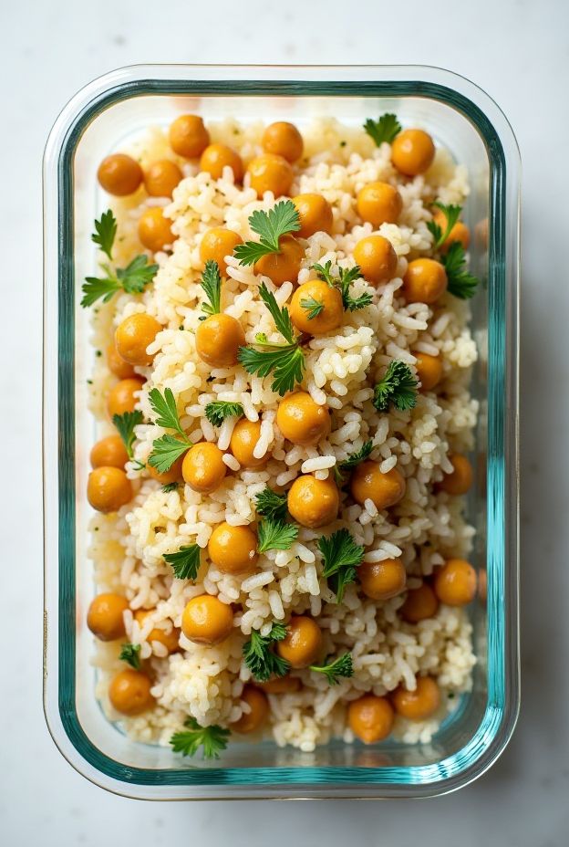 Chickpea and Rice Pilaf with parsley in a glass meal prep container, showcasing a healthy and flavorful dish.