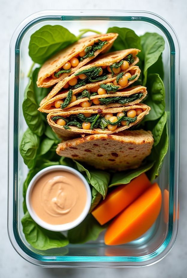 Homemade chickpea and spinach flatbreads served with a side of dip, fresh spinach, and orange slices.