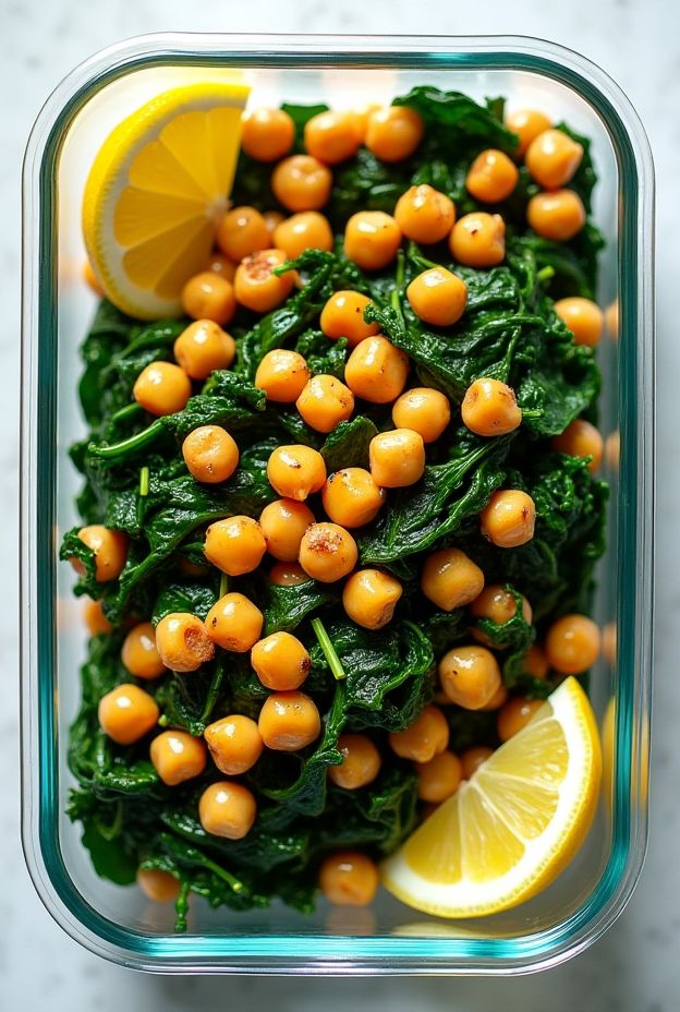 Chickpea and spinach stir-fry with lemon wedges in a meal prep container.