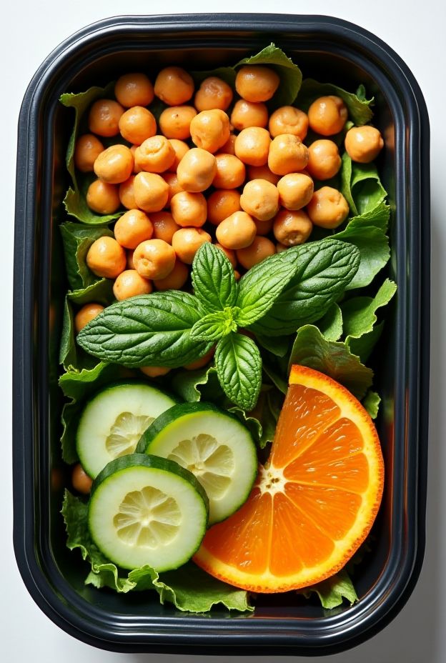 Citrus Chickpea Salad Box with cucumber, orange segments, chickpeas, and a mint vinaigrette.