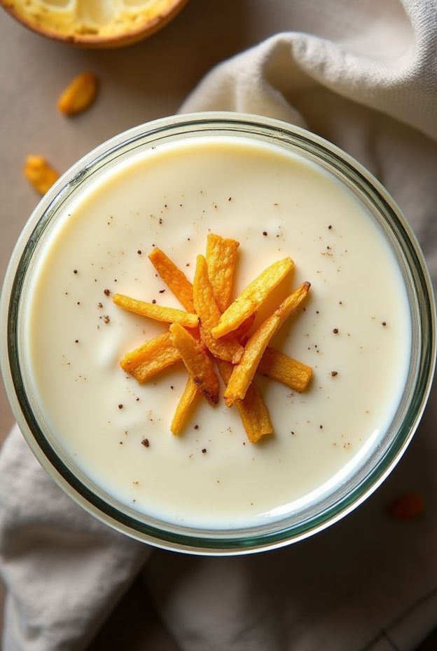 Dairy-free creamy cauliflower soup made with coconut milk, topped with crispy vegetable pieces, offering a nutritious and tasty comfort meal.