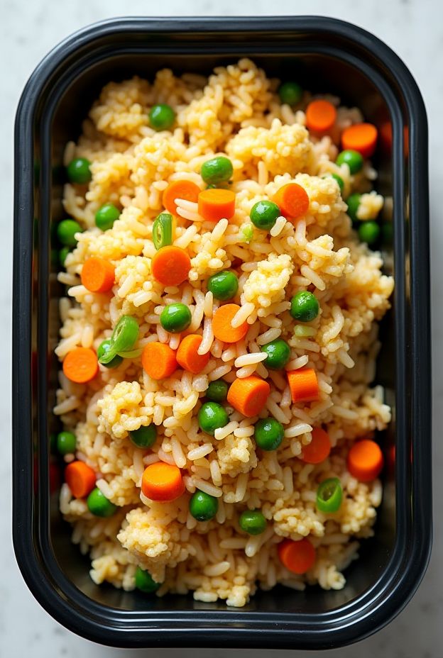 Egg and Veggie Fried Rice with carrots and peas in a black meal prep container.