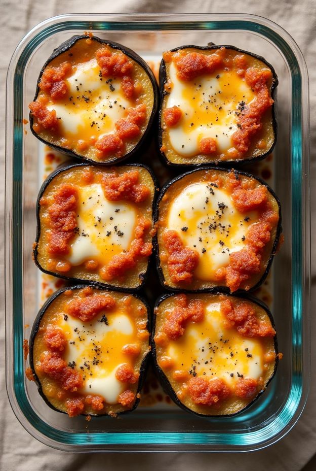 Mini baked moussaka cups layered with eggplant and turkey in a light béchamel sauce.