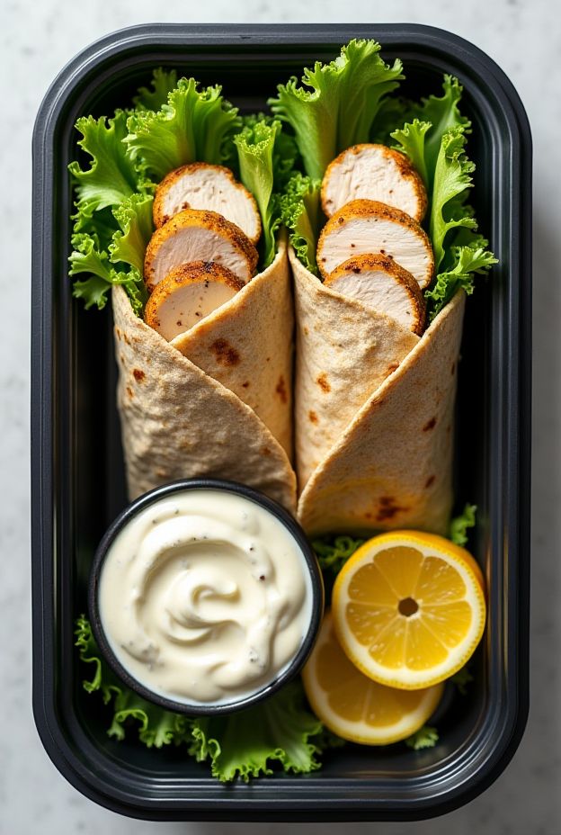 Garlic Lemon Chicken Wraps are whole wheat wraps filled with grilled chicken, fresh lettuce, and refreshing lemony yogurt sauce.