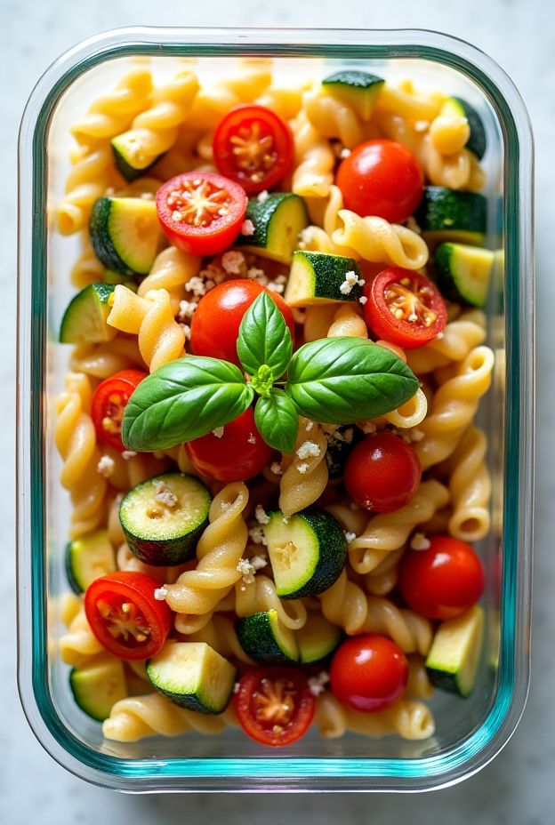 Colorful gluten-free chickpea pasta primavera with seasonal veggies in a glass meal prep container.