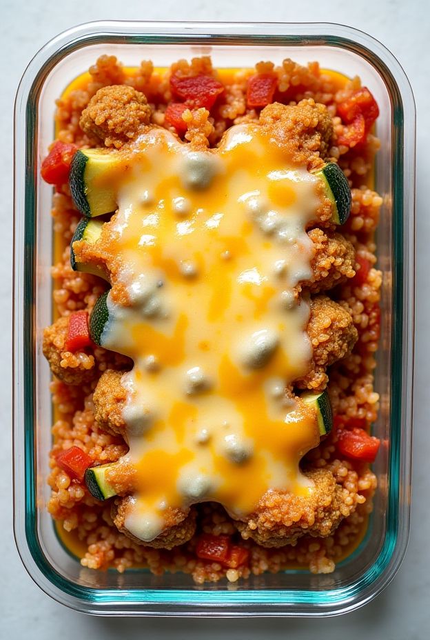 A healthy gluten-free quinoa veggie bake with zucchini, peppers, and melted cheese for a nutritious meal.