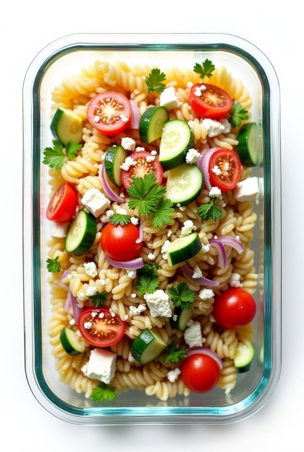 Greek Orzo Salad with cucumber, tomato, and feta cheese in a glass container.