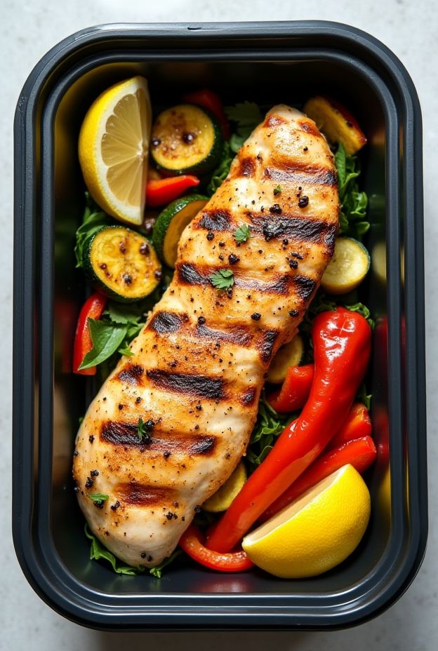 Greek Yogurt Marinated Chicken served with roasted colorful vegetables on a light background.