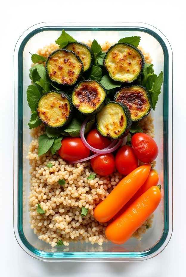 A vibrant bowl of grilled veggies and barley, topped with a light lemon dressing, showcasing a healthy meal prep idea.