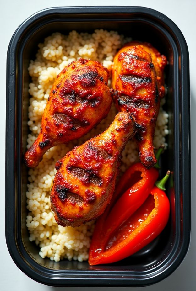 Spicy harissa chicken served with fluffy couscous and roasted peppers, perfect for meal prep.