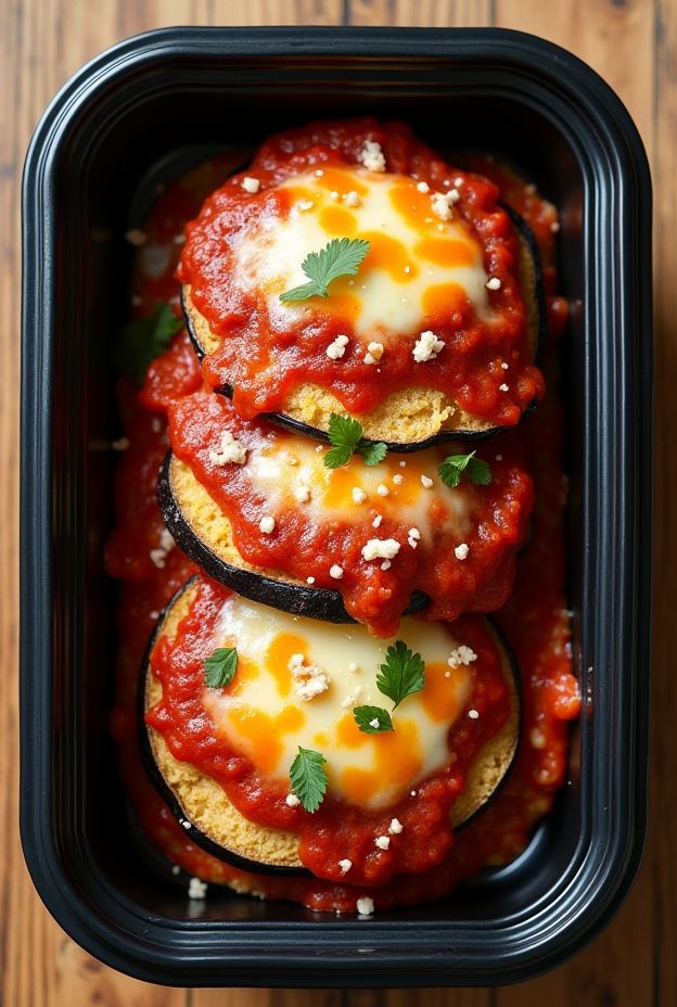 Baked eggplant slices topped with marinara sauce and cheese, perfect for a keto diet.