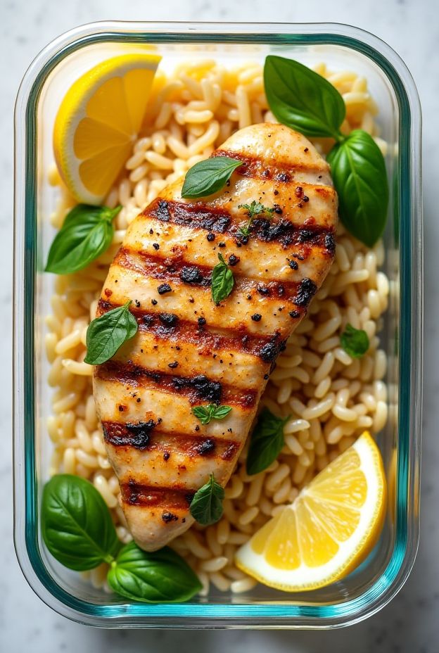 Lemon Basil Chicken Orzo dish featuring grilled chicken, orzo pasta with lemon and basil for meal prep.