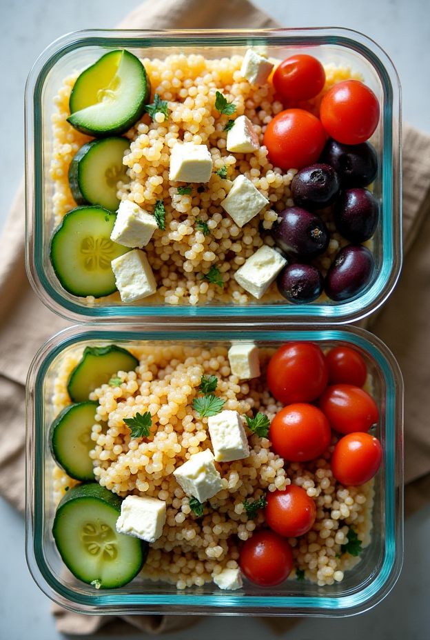 Quick Mediterranean Couscous Boxes featuring olives, cucumber, and feta, perfect for meal prep.