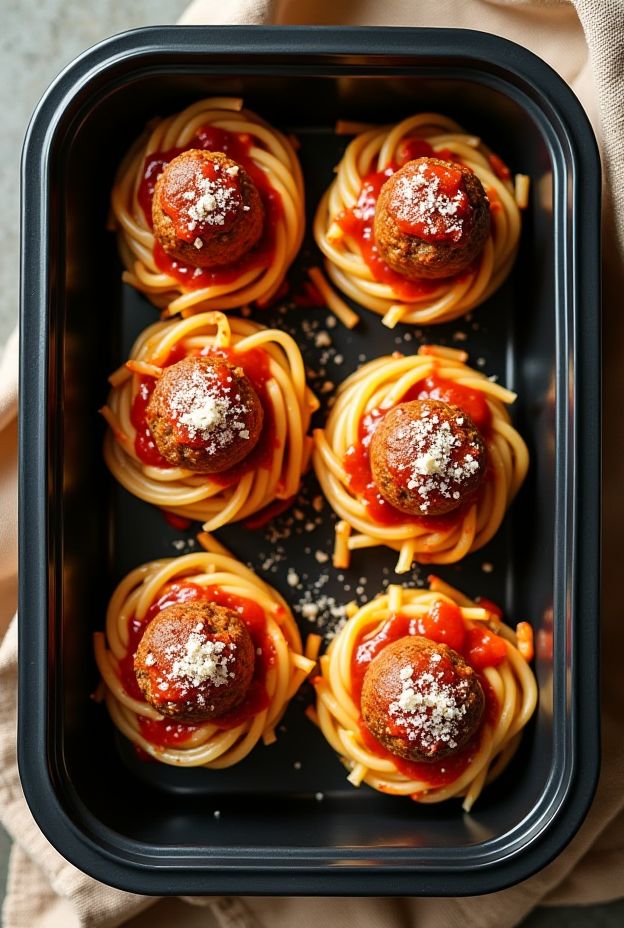 Mini Meatball Spaghetti Cups baked in a muffin tin, featuring turkey meatballs and marinara sauce.