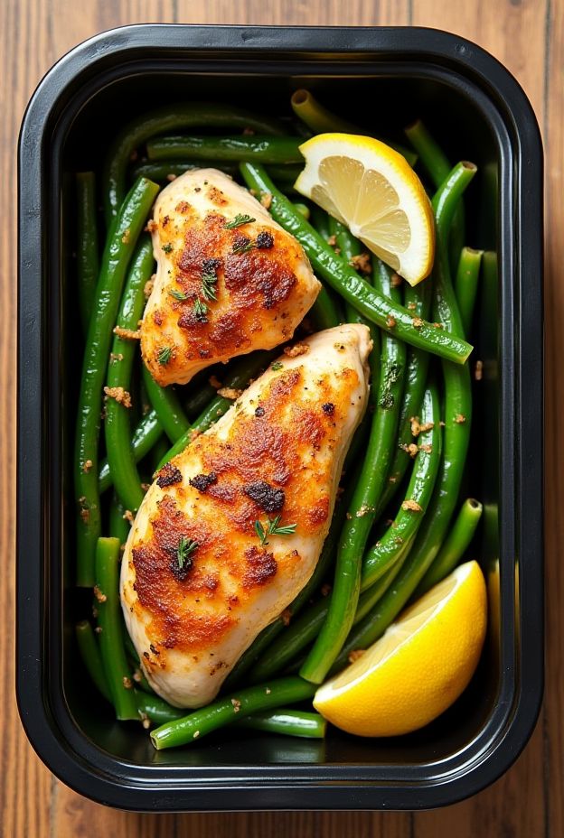 Healthy One-Pan Chicken & Green Beans recipe featuring garlic-roasted chicken breast and vibrant green beans.