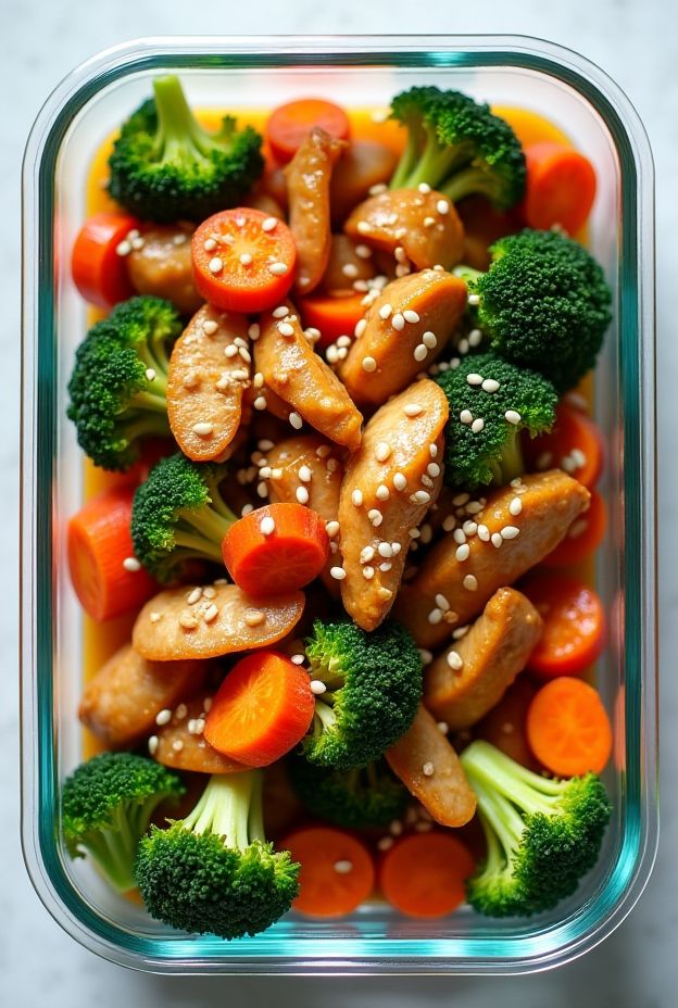 Healthy Paleo Chicken & Veggie Stir-Fry with broccoli and carrots in coconut aminos, perfect for meal prep.