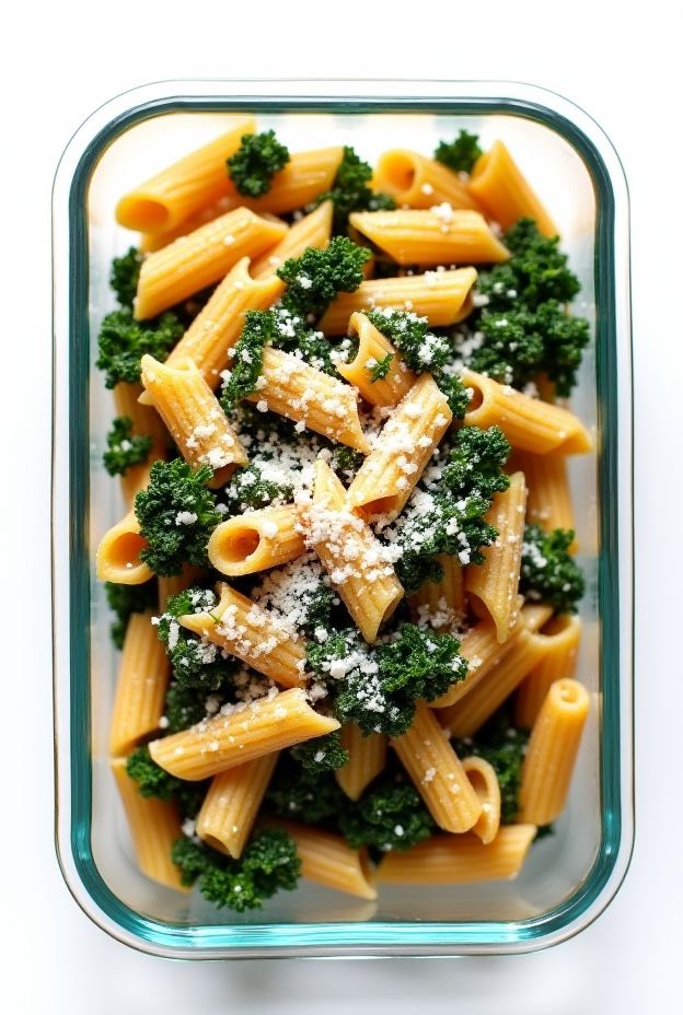 Whole wheat pasta with sautéed kale and garlic sauce served in a glass meal prep container.