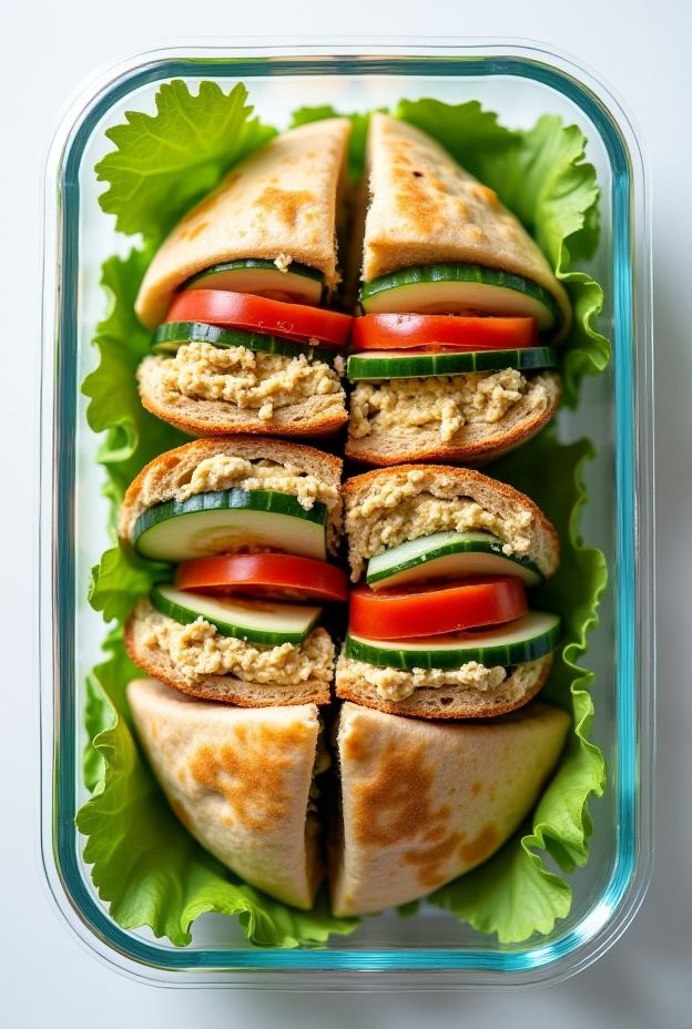 Colorful Pita Pocket Veggie Sandwiches filled with hummus, cucumber, and tomato, showcasing healthy meal prep.