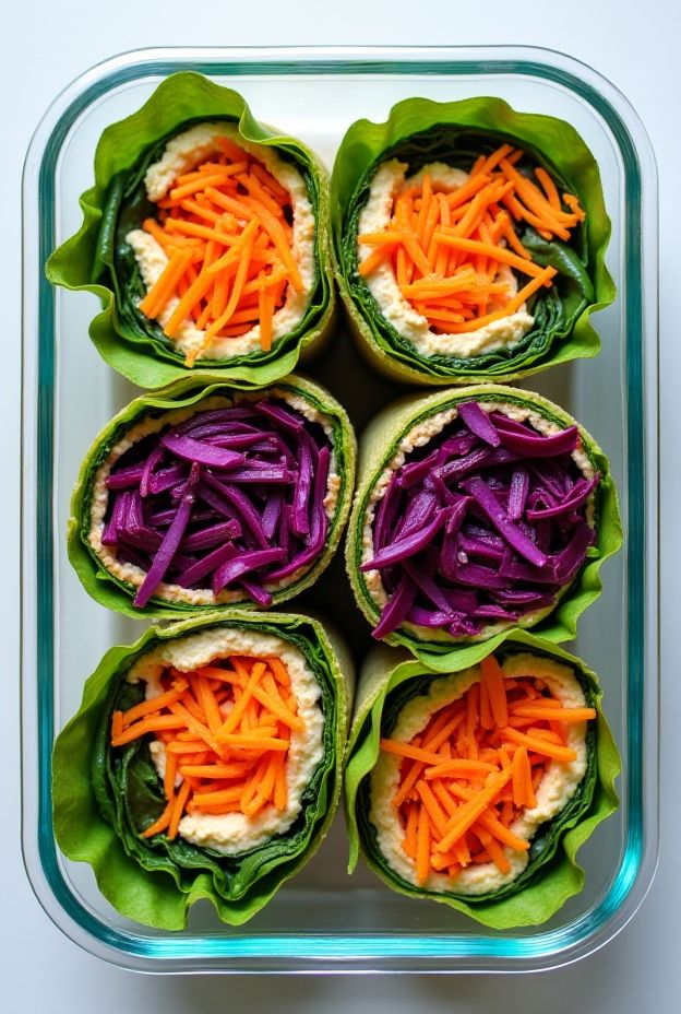 Colorful Rainbow Veggie Wraps with hummus, fresh vegetables, and lettuce, perfect for a healthy meal.