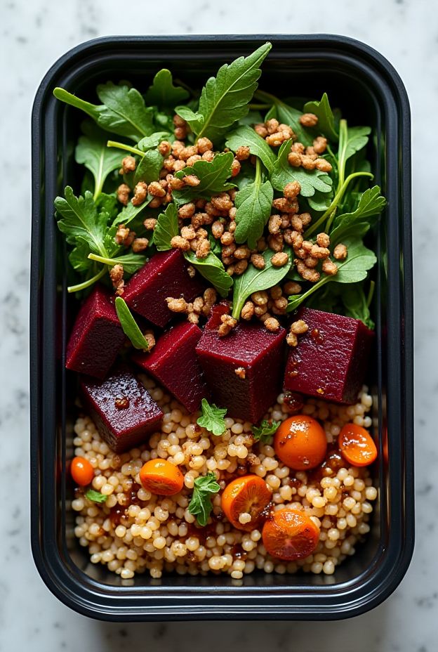 Healthy Roasted Beet & Arugula Grain Bowl with Farro and Balsamic Drizzle.