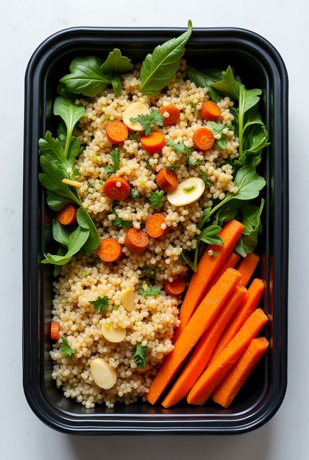 Roasted Carrot & Ginger Quinoa Salad with fresh arugula and carrots for a flavorful, nutritious lunch option.