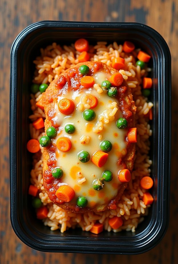 Rustic Veggie & Rice Bake, a satisfying and wholesome casserole dish with rice, carrots, peas, and tomato sauce topped with cheese.