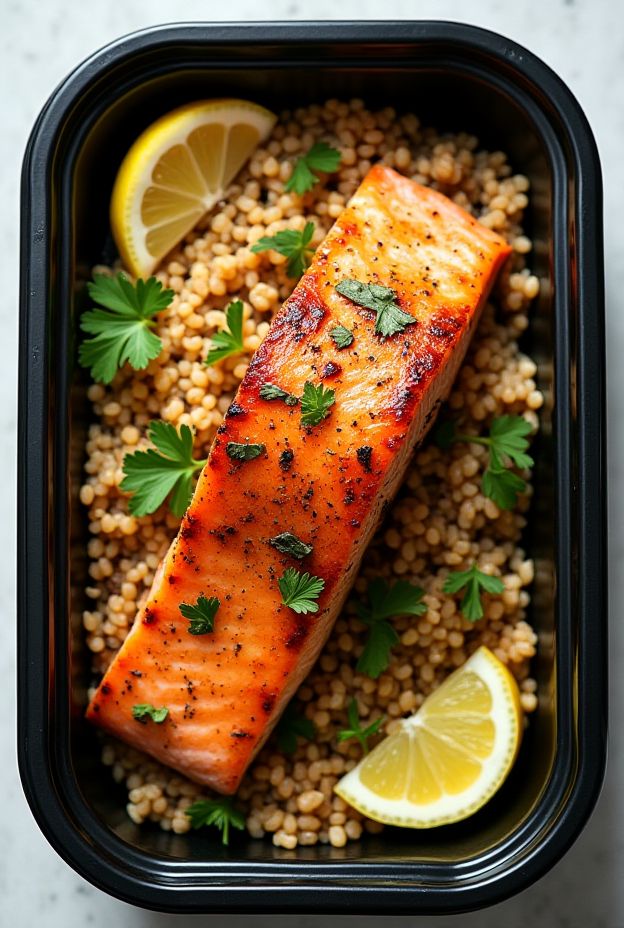 Seared salmon fillet served with farro pilaf, garnished with lemon and herbs for a healthy meal.