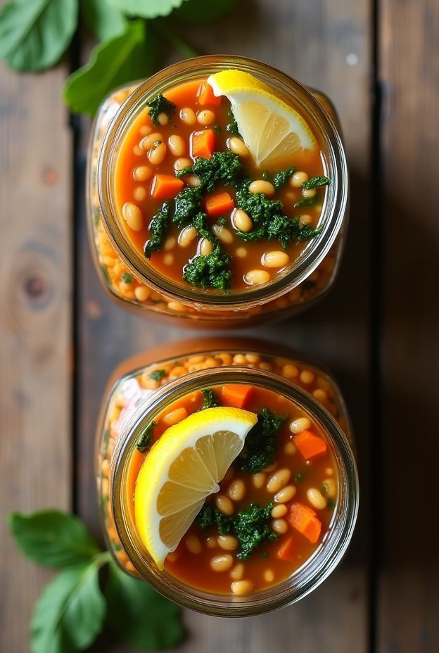 Spiced Lentil & Kale Soup Jars with fresh ingredients, perfect for meal prep.