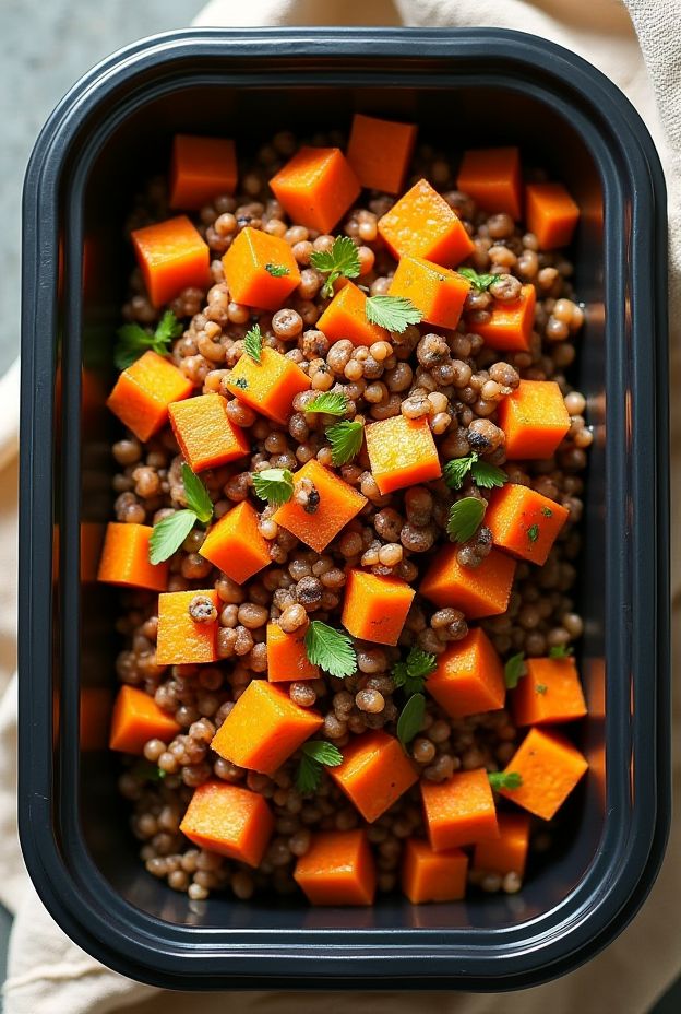 Sweet Potato & Lentil Hash featuring colorful sweet potatoes, lentils, and fresh herbs for a nutritious meal prep option.