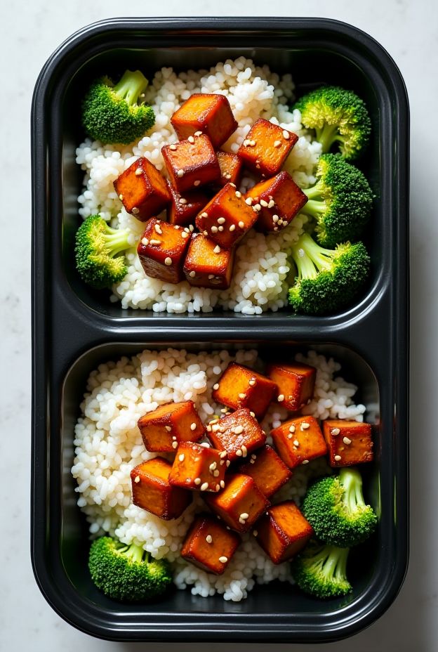 Healthy Teriyaki Tempeh Rice Bowls with steamed broccoli and sesame seeds for meal prep.
