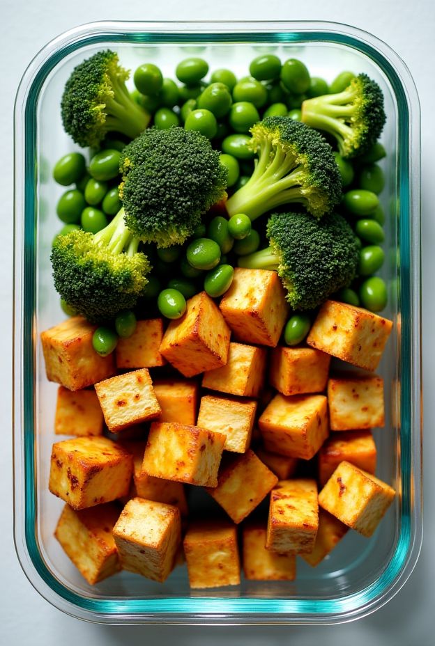Tofu and edamame stir-fry with broccoli showcasing vibrant plant-based ingredients for a healthy meal.