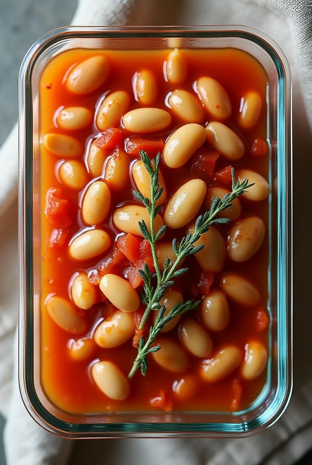 A rustic tomato and white bean stew made with cannellini beans, fresh thyme, and ripe tomatoes.