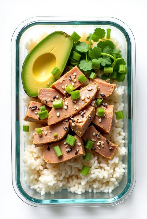 Tuna and avocado rice bowl with sesame drizzle, featuring canned tuna, fresh avocado, and garnishes.