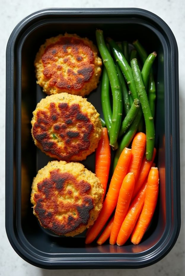 Healthy turkey and chickpea patties served with roasted green beans and carrots in a meal prep container.