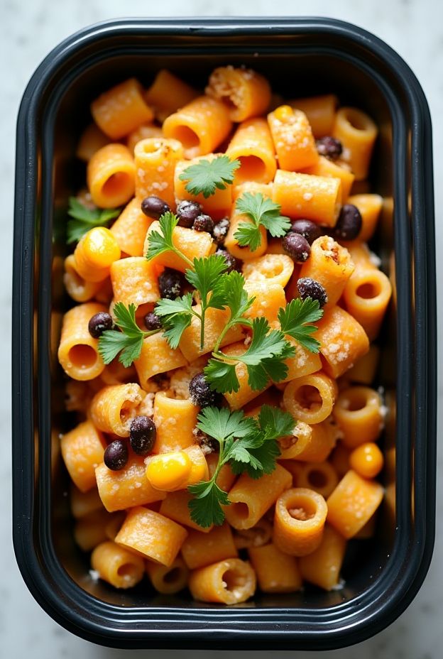 Turkey Taco Pasta Bake features pasta, seasoned turkey, black beans, and cheese topped with fresh cilantro.