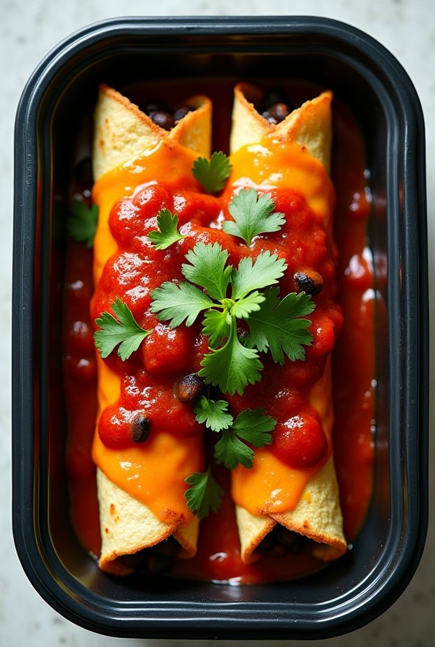 Vegan Black Bean Enchiladas with corn tortillas, black beans filling, topped with salsa and cilantro, perfect for meal prep.