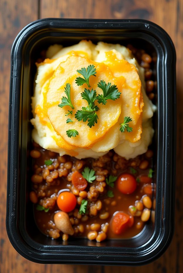 Vegan Lentil Shepherd's Pie with mashed potatoes and lentils garnished with fresh herbs.