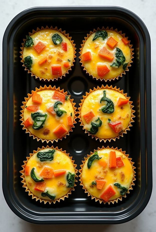 Colorful Veggie Egg Muffin Cups with peppers and spinach baked in muffin tins.