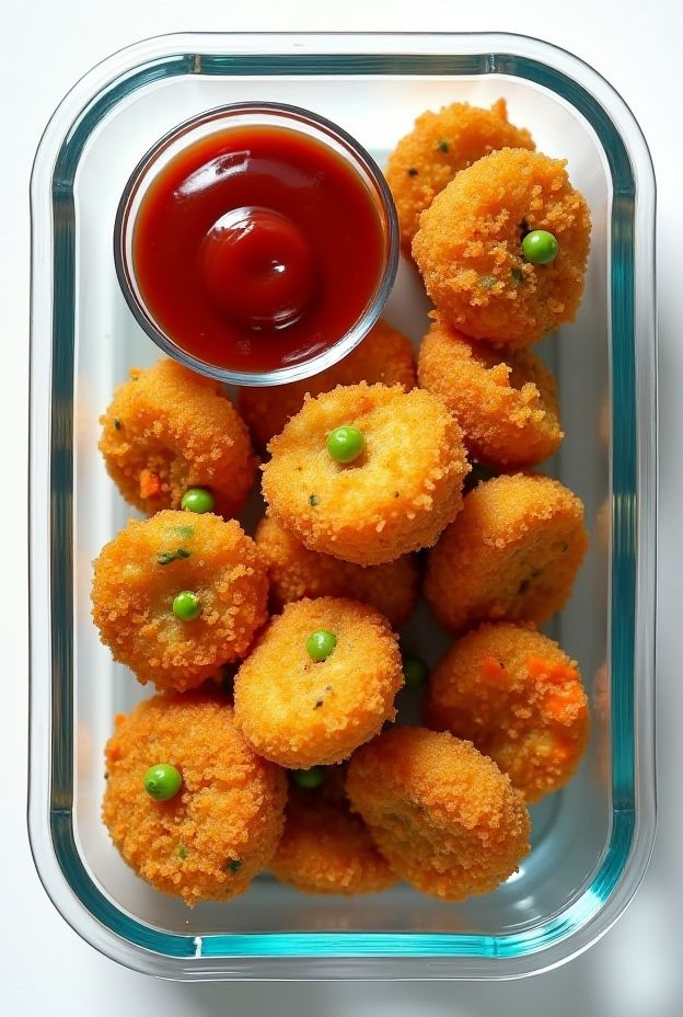 Baked veggie nuggets made with carrots, peas, and potatoes served with dipping sauce.
