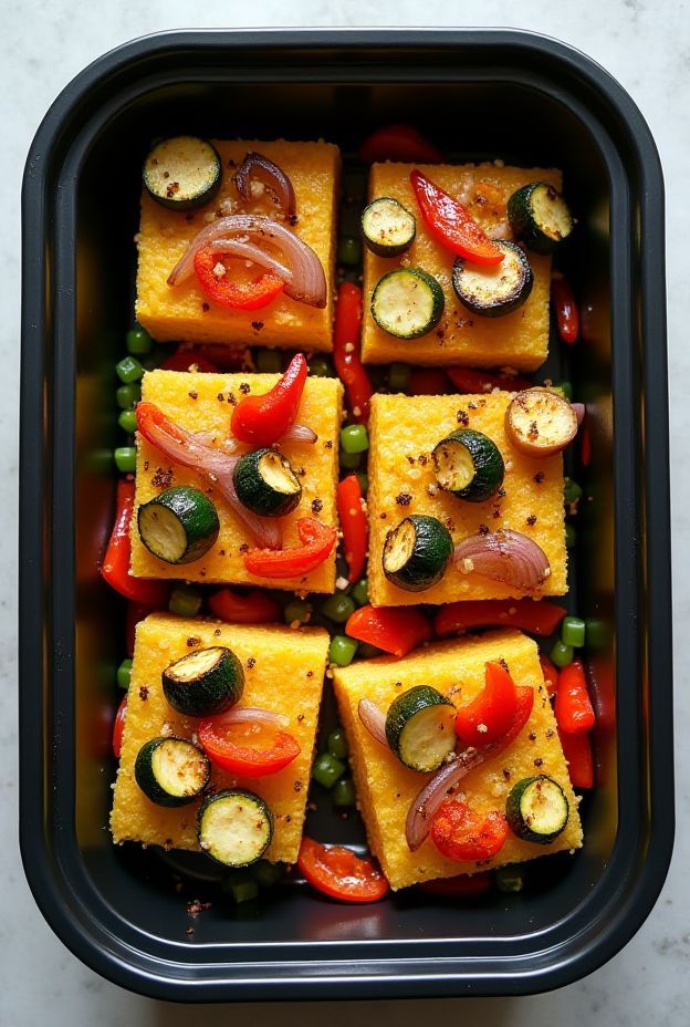 Delicious baked Veggie Polenta Squares topped with colorful roasted vegetables for a healthy meal prep.