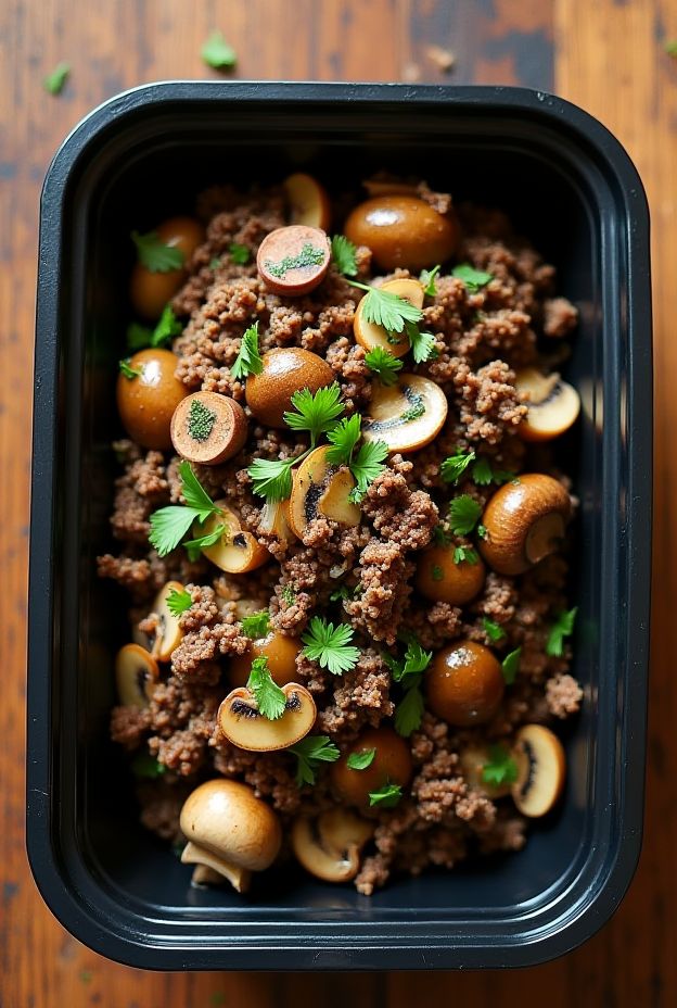 Whole30 compliant Beef & Mushroom Skillet featuring ground beef, mushrooms, and fresh herbs for a healthy meal.
