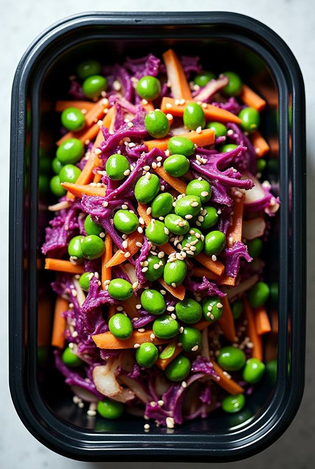 Zesty Cabbage & Edamame Stir-Fry highlighting vibrant cabbage, edamame, and crunchy carrots with a zesty dressing.