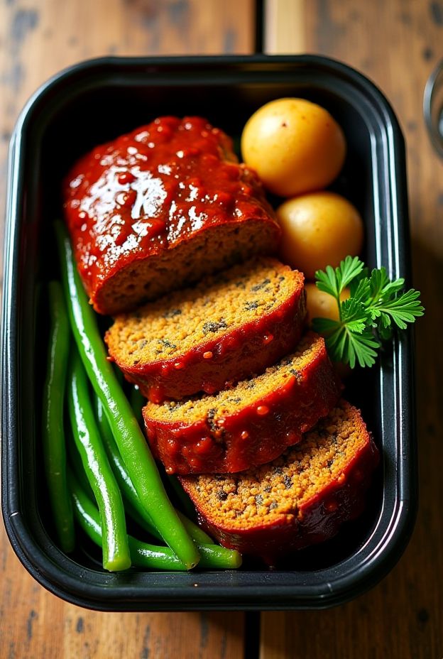 Savory BBQ lentil meat loaf slices served with green beans, showcasing a healthy plant-based meal idea.