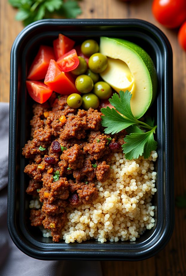 Colorful Beef Picadillo Quinoa Bowl featuring ground beef, peas, olives, and fresh vegetables.
