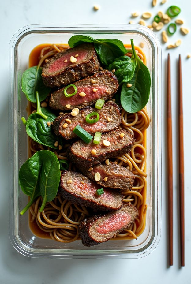 Healthy Beef & Spinach Power Noodle Boxes featuring lean beef strips, soba noodles, and fresh spinach topped with peanuts.