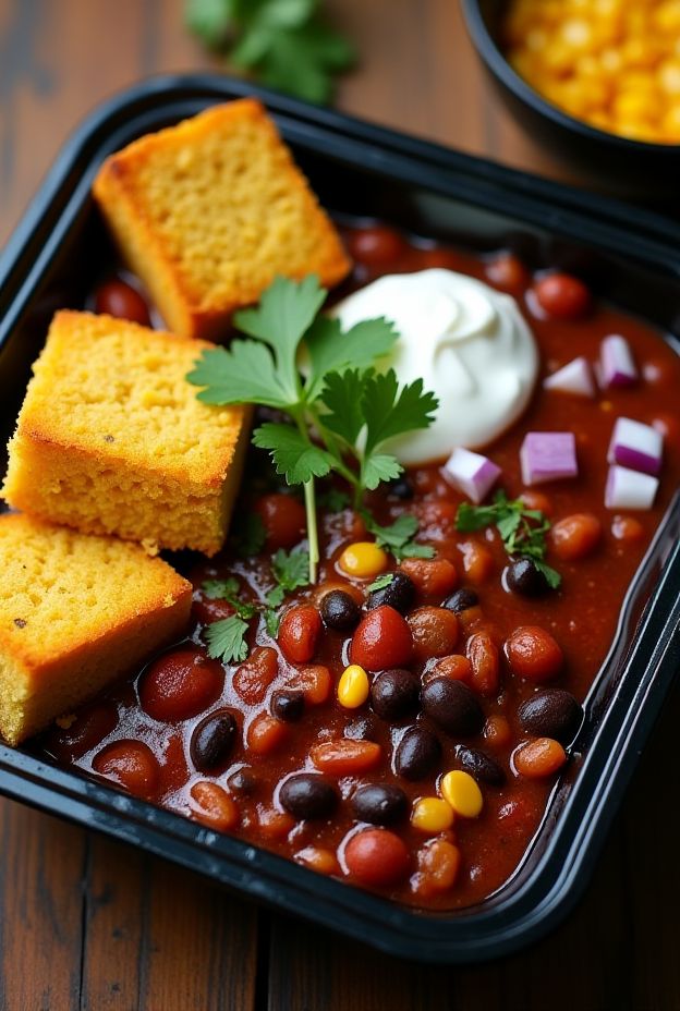 Smoky black bean chili served with golden cornbread and garnished with cilantro and sour cream.