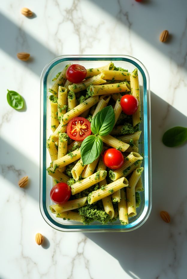 Whole wheat pasta salad with broccoli pesto, cherry tomatoes, and pine nuts in meal prep containers.