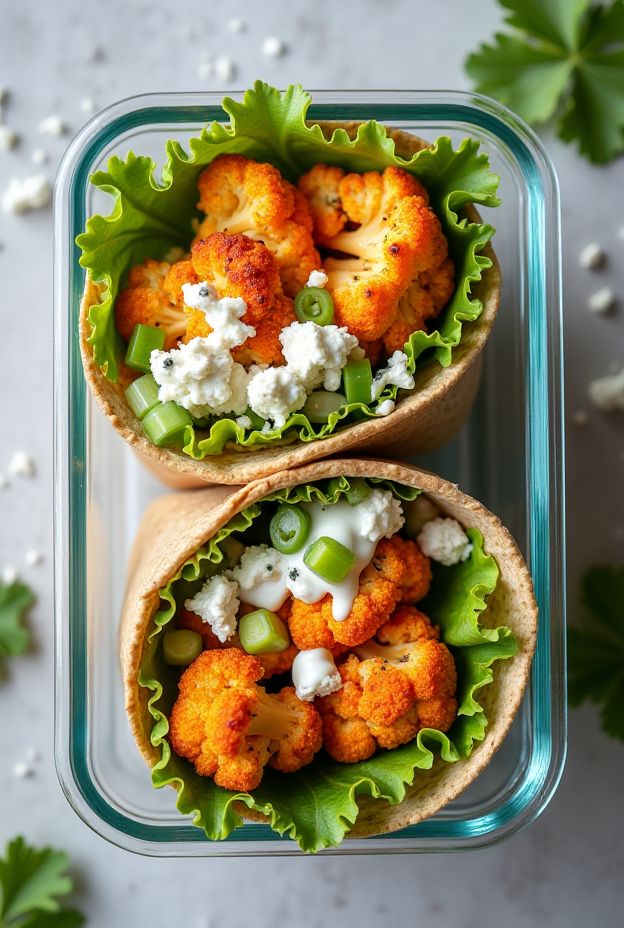 Buffalo Cauliflower & White Bean Wraps with roasted cauliflower, lettuce, and a creamy spread in whole wheat tortillas.