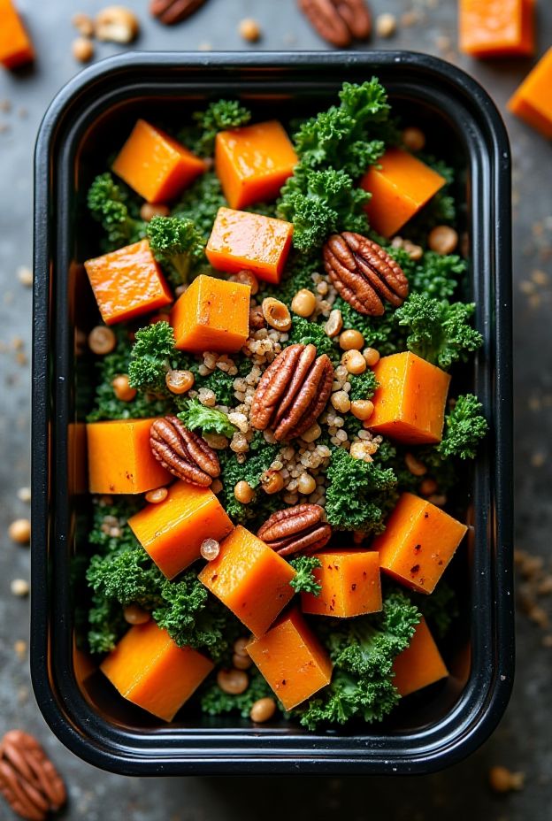 Butternut squash and kale farro salad with roasted squash, pecans, and apple cider dressing, healthy meal prep idea.