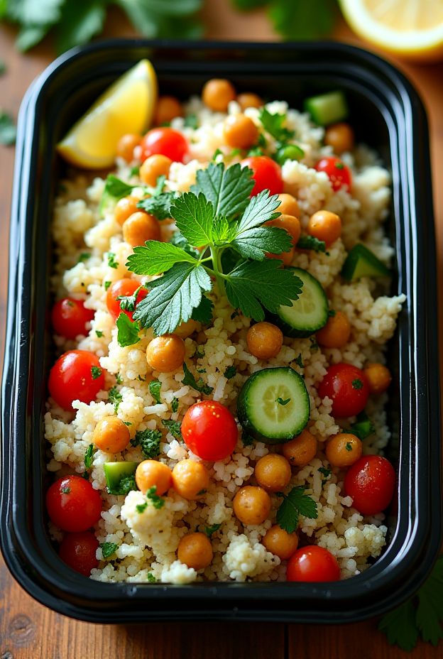 Healthy cauliflower tabbouleh with chickpeas, tomatoes, and cucumber, garnished with herbs in a meal prep container.